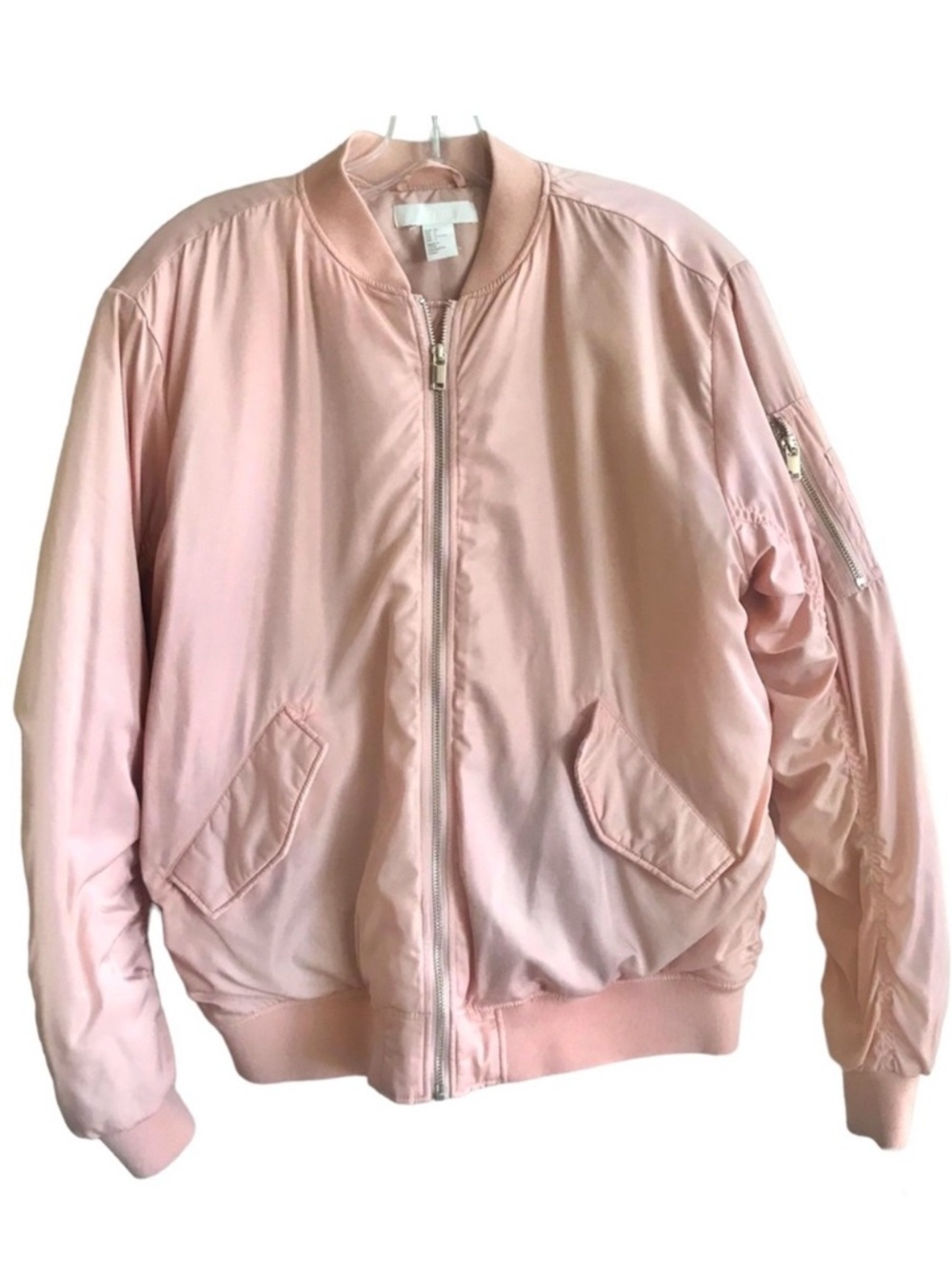 NEW H&M Blush Pink Peach Lightly Padded Ruched Nylon Polyester Bomber Jacket 8
